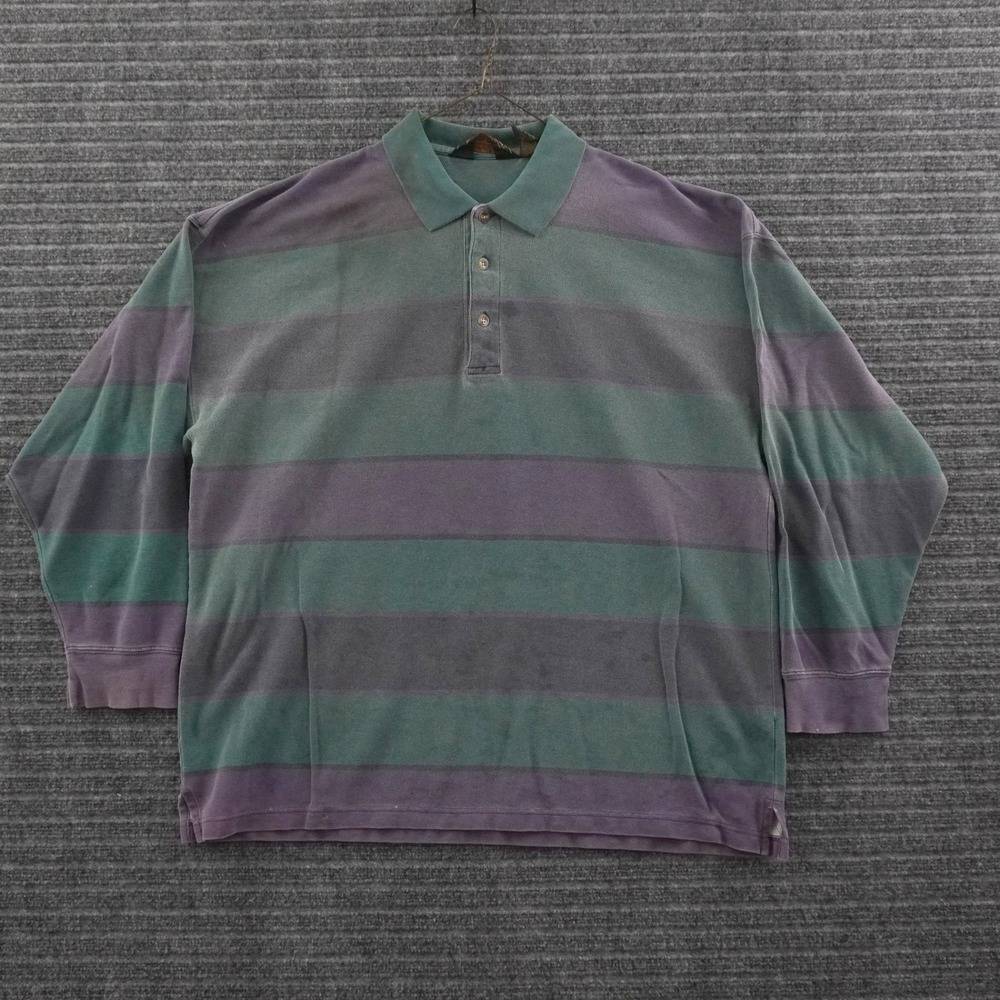 Vintage 90s Eddie Bauer Polo Shirt Mens XL Teal Purple Striped Long Sleeve Pique